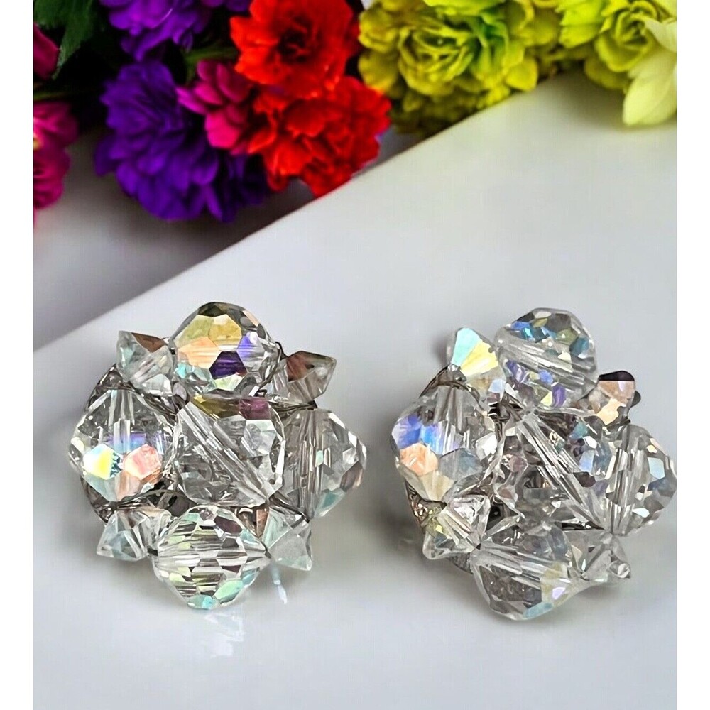 Vintage 1960s Coro AB Rhinestone Cluster Clip Earrings Silver Tone - 9L